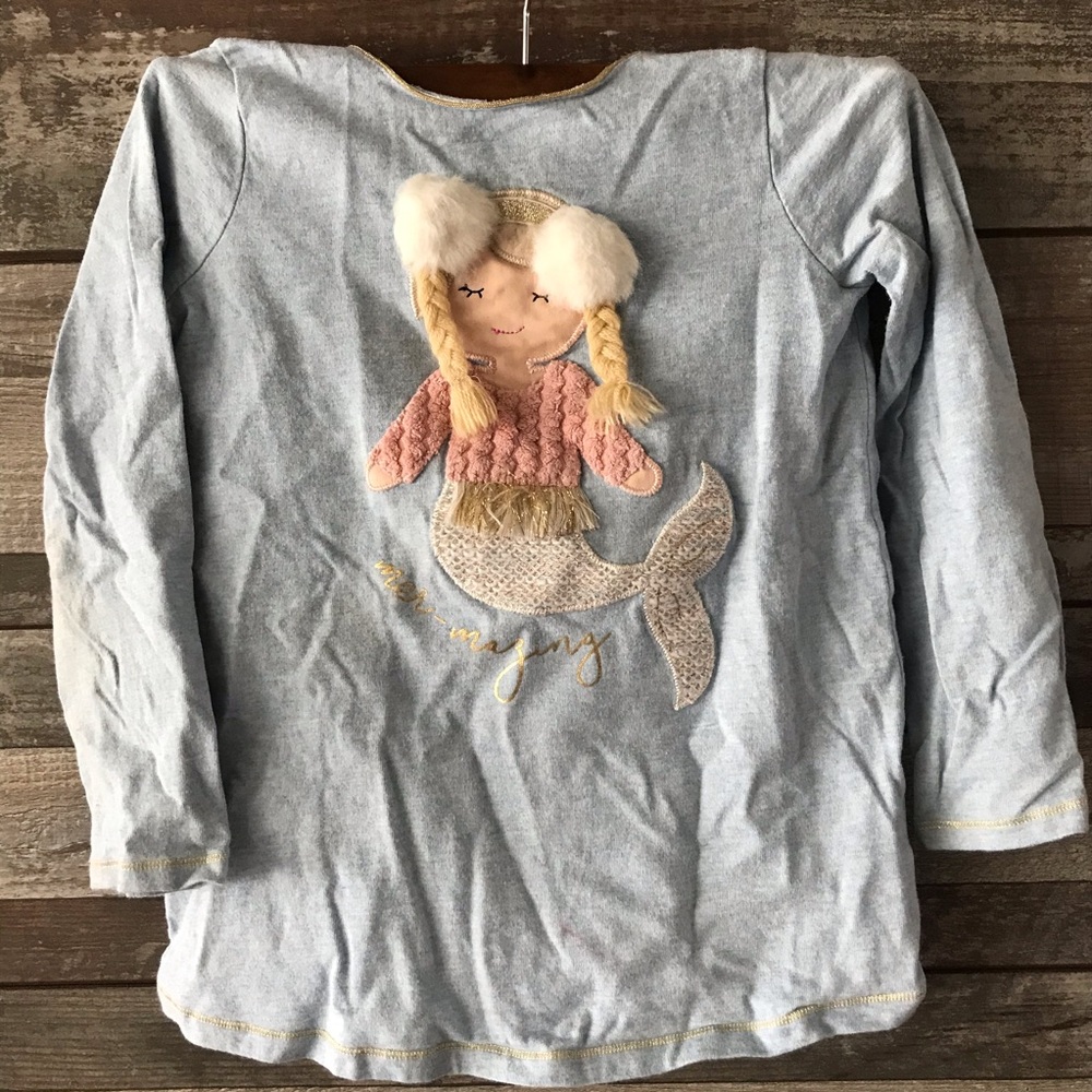 Mud pie top blue w/ mermaid appliqué 4T-5T